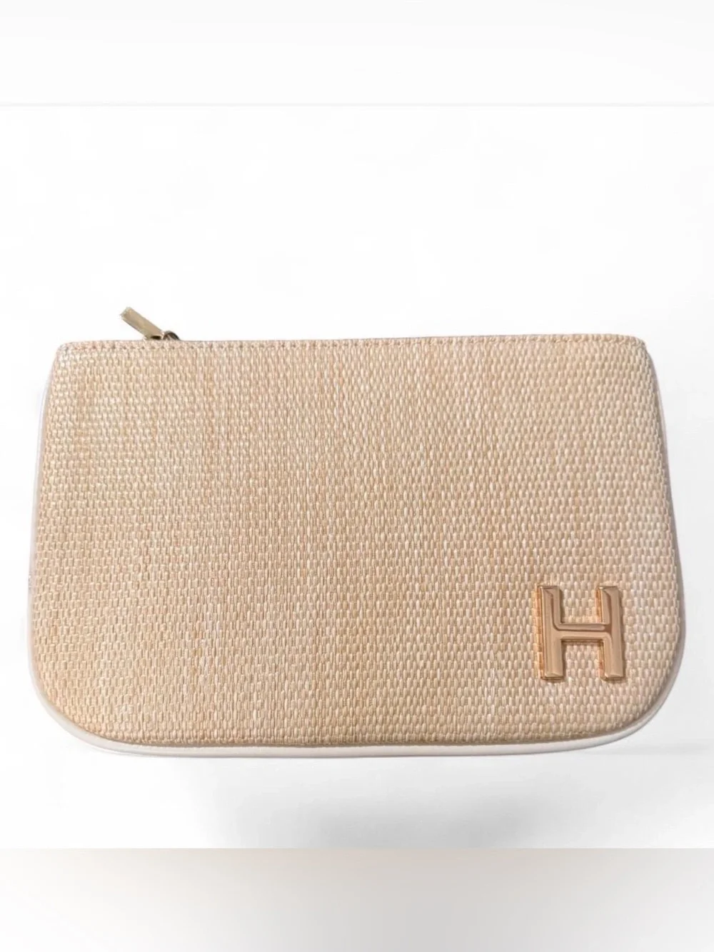 Seed Heritage cream & tan woven pouch with initial H. Gold hardware and initial.